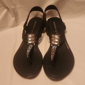 Madden Girl Black T-Strap Embellished Sandals with Metallic Accents